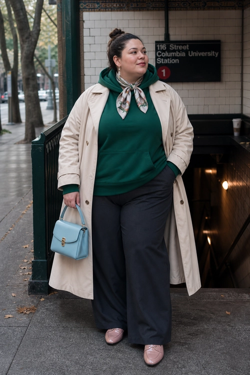 A woman wears a dark green hooded sweatshirt, beige trench coat, patterned neck scarf, wide-leg trousers, pink shoes, and carries a light blue handbag.
