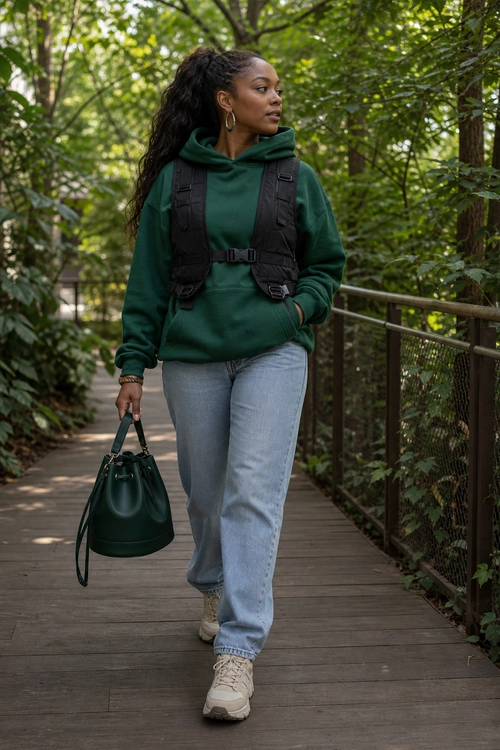 Green Hoodie Utility Vest Outfit A woman wears a dark green hoodie with a black utility vest, light blue jeans, beige sneakers, and a matching dark green handbag.