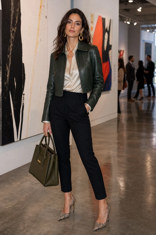 A woman wears a dark green leather jacket over a satin blouse with black cropped trousers, a structured handbag, hoop earrings, and pointed slingback heels.