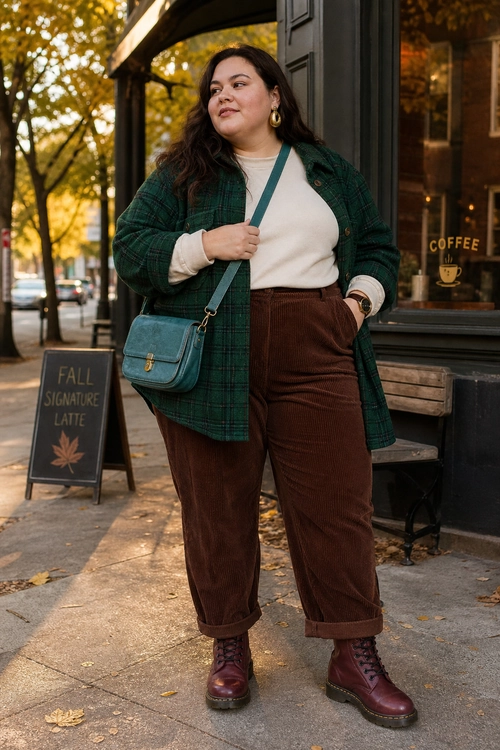 A woman wears a green plaid overshirt over a cream top with brown cuffed corduroy pants, burgundy lace-up boots, and a teal crossbody bag.