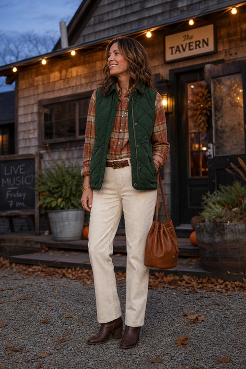 Woman wearing a green quilted vest over a plaid shirt with cream pants, brown ankle boots, a brown belt, and a brown shoulder bag.