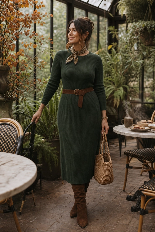 Green Ribbed Sweater Dress A woman wears a dark green ribbed midi sweater dress with a brown belt, neck scarf, brown boots, and a woven handbag.