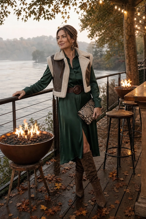 Green Satin Dress with Shearling Vest A woman wears a dark green satin midi shirt dress with a brown shearling vest, wide belt, knee-high boots, clutch, and dangling earrings.