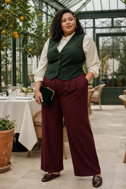 Tailored Vest and Wide-Leg Trousers A woman wears a dark green tailored vest over a cream blouse with burgundy wide-leg trousers, loafers, and a dark clutch.