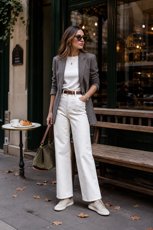 A woman wears a grey blazer over a white top with white wide-leg jeans, white sneakers, sunglasses, a brown belt, and an olive handbag.