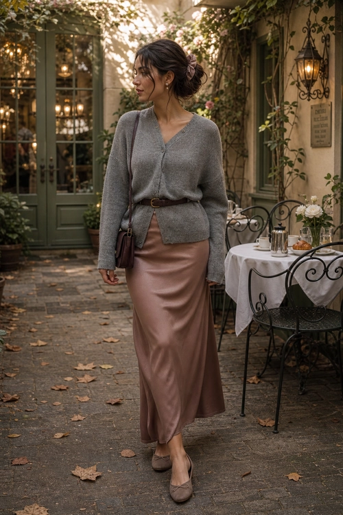 A woman wears a grey cardigan belted over a blush satin midi skirt with a crossbody bag and taupe flats.