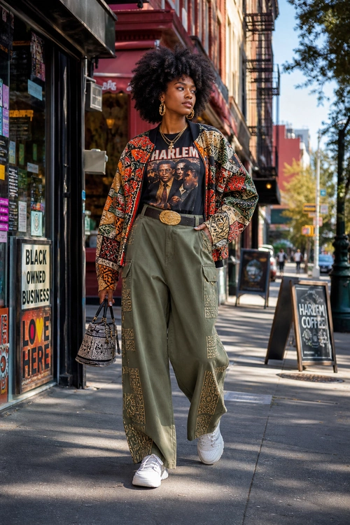 Harlem Graphic Streetwear Look A woman wears a patterned bomber jacket, Harlem graphic T-shirt, olive cargo pants, white sneakers, hoop earrings, and a printed handbag on a city sidewalk.