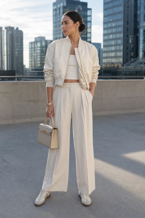 Ivory Bomber Jacket and Wide-Leg Trousers A woman wears an ivory bomber jacket with a cropped top, wide-leg trousers, white sneakers, and a structured handbag.