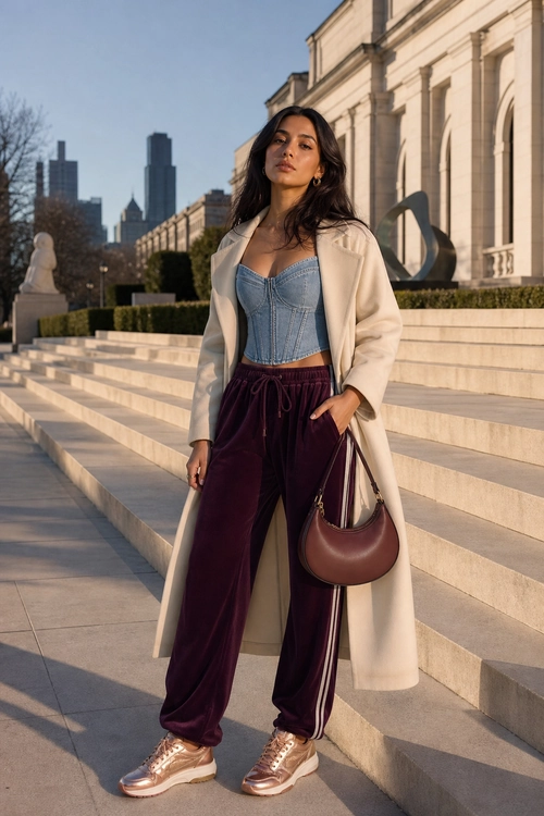 Ivory Coat with Corset and Velvet Joggers A woman wears an ivory long coat over a blue denim corset top and burgundy jogger pants with metallic sneakers and a brown shoulder bag.