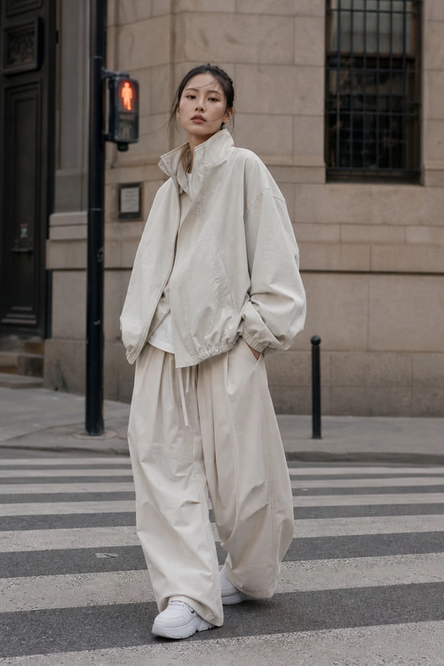 Ivory Oversized Jacket Outfit A person wears an oversized ivory jacket with wide-leg trousers and white sneakers while crossing a city street.