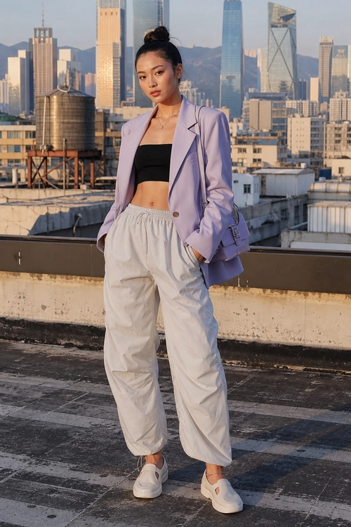 Lavender Blazer with Wide-Leg Pants A woman wears a lavender blazer over a black bandeau top with loose cream wide-leg pants and white sneakers on a rooftop.