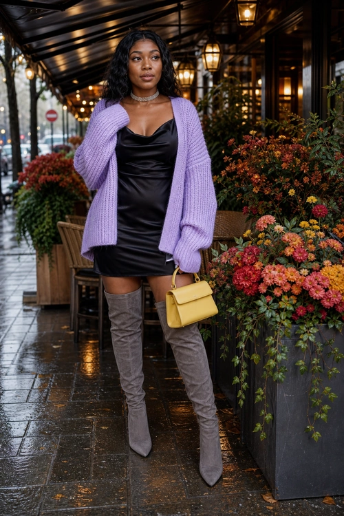 Lavender Cardigan with Black Satin Mini Dress Woman wearing a lavender knit cardigan over a black satin mini dress with gray over-the-knee boots and a yellow handbag.