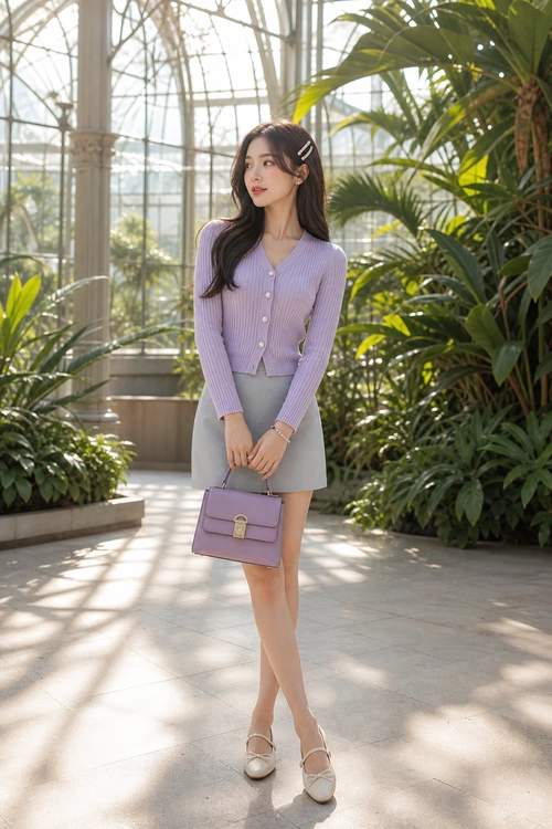 A woman wears a lavender ribbed cardigan with a gray mini skirt, matching lavender handbag, and cream strap flats.