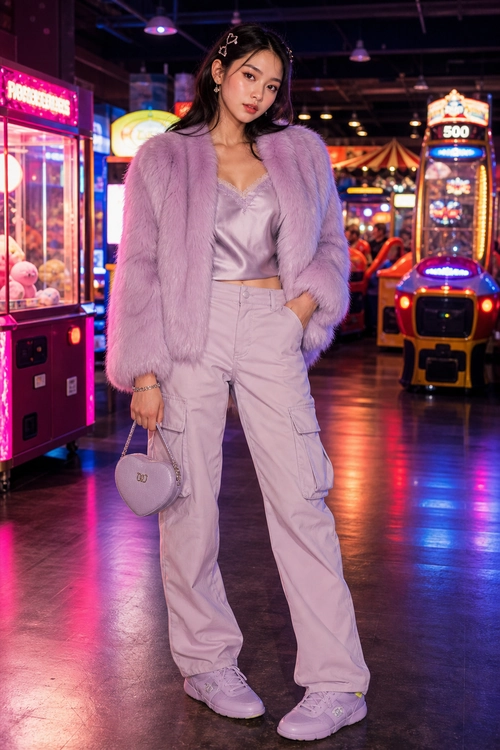 A lavender outfit featuring a fuzzy cropped jacket, satin camisole, cargo pants, sneakers, and a small heart-shaped handbag.
