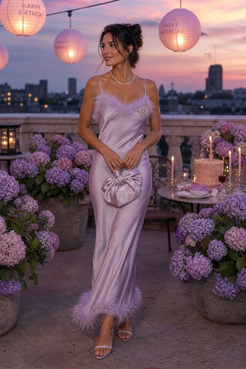Lavender Feather-Trim Slip Dress A woman wears a lavender satin slip dress with feather-trimmed straps and hem, paired with a ruched clutch and strappy heels.