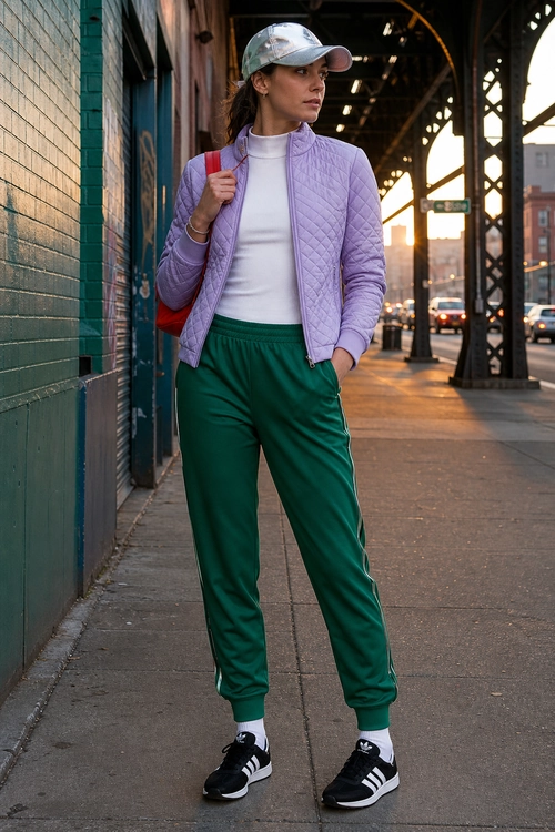 Casual urban outfit featuring a lavender quilted jacket, white high-neck top, green jogger pants, silver cap, and black-and-white sneakers.