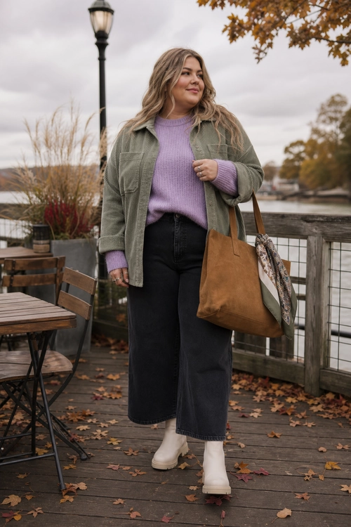 A woman wears a lavender ribbed sweater with a sage green jacket, black wide-leg jeans, white ankle boots, and a tan tote bag.