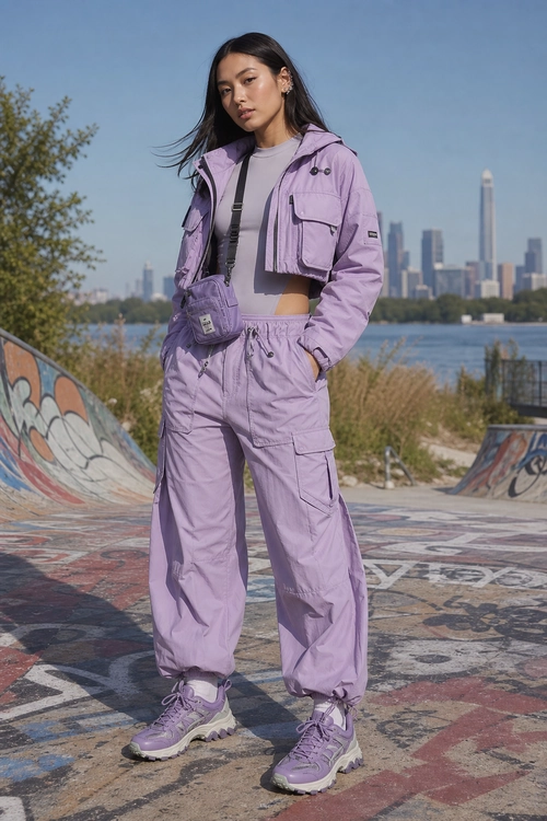 Lavender Utility Streetwear Outfit A lavender utility jacket and cargo pants styled with a cropped gray top, crossbody bag, and matching chunky sneakers.