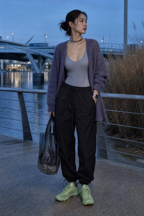 A casual outfit featuring a lavender cardigan, gray ribbed tank top, black drawstring trousers, lime green sneakers, and a transparent tote bag by the waterfront.
