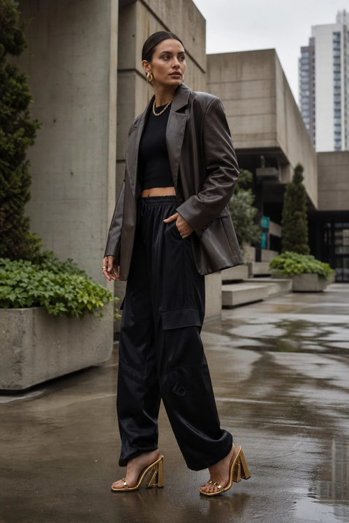 Leather Blazer and Wide-Leg Trousers A woman wears a dark leather blazer over a cropped black top with wide-leg black trousers and gold strappy heels.