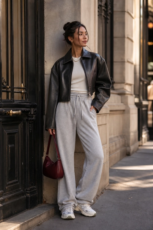 Leather Jacket and Gray Joggers Outfit A casual outfit featuring a black leather jacket, cream top, gray drawstring joggers, white sneakers, and a burgundy shoulder bag.