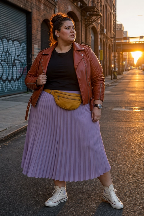 A woman wears a brown leather jacket, black top, lavender pleated midi skirt, mustard waist bag, and white high-top sneakers on a city street.