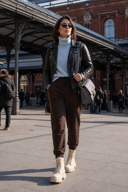 Leather Jacket and Turtleneck City Outfit A woman wears a black leather jacket over a light blue turtleneck sweater with brown trousers, cream lace-up boots, sunglasses, and a gray shoulder bag.