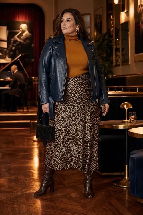 A woman wears a dark leather moto jacket over a camel turtleneck with a leopard print midi skirt, brown boots, gold earrings, and a black handbag.