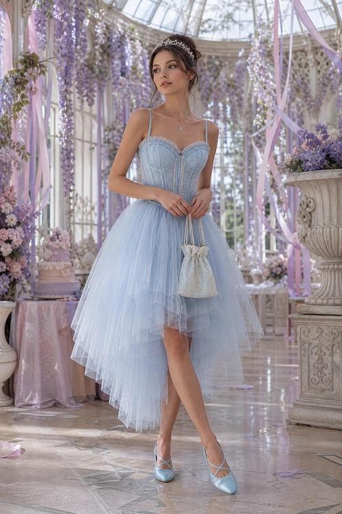 Woman wearing a light blue corset-style tulle dress with a jeweled headpiece, beaded handbag, and strappy heels.
