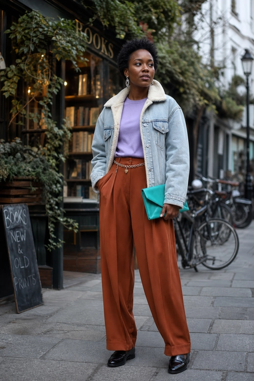 A woman wears a lilac top with a light blue shearling-collar denim jacket, rust wide-leg trousers, black loafers, and a turquoise clutch.