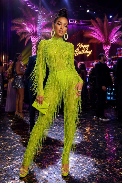 Lime Green Fringe Jumpsuit A woman wears a lime green high-neck jumpsuit with dramatic fringe, matching clutch, hoop earrings, and open-toe platform sandals at a festive evening event.