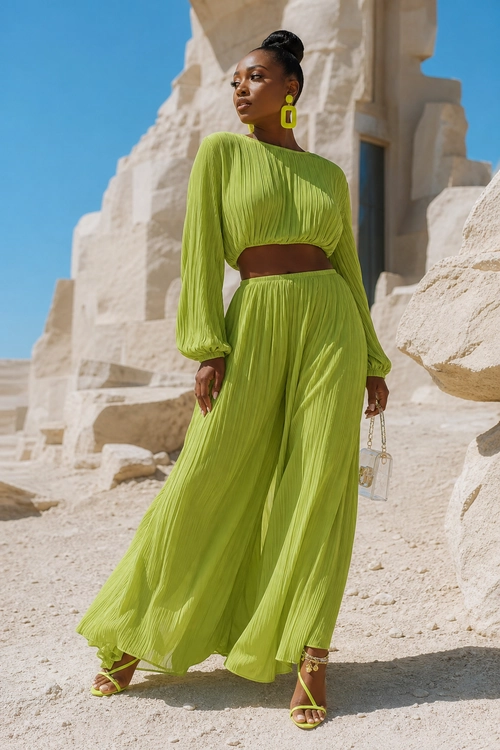 Lime Green Pleated Two-Piece Outfit Woman wearing a lime green pleated crop top and wide-leg pants with matching strappy sandals, statement earrings, and a small clear handbag.