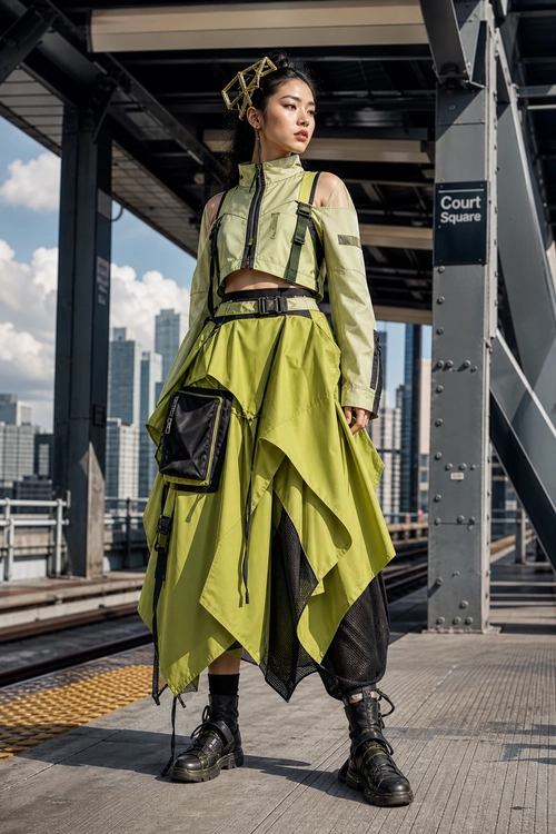 Lime Green Utility Streetwear A model wears a lime green cropped utility jacket and asymmetrical layered skirt with black cargo details and platform boots.