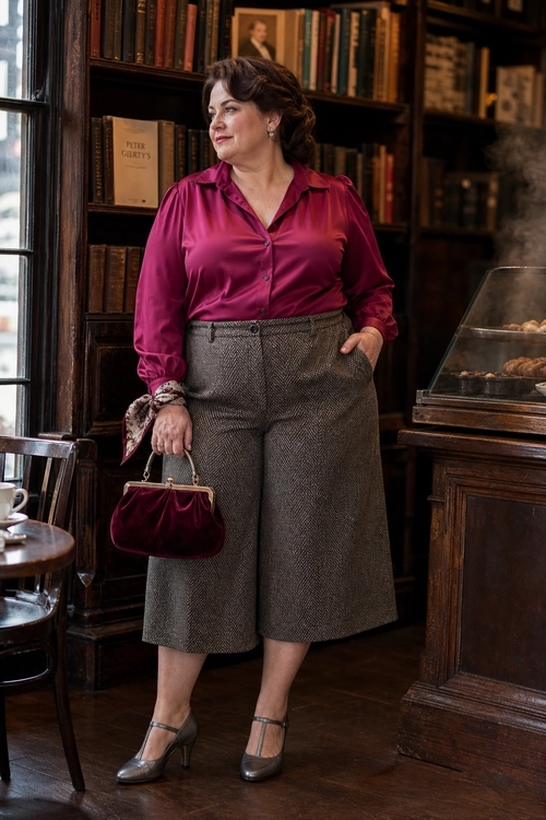 A woman wears a magenta button-up blouse with gray tweed culottes, Mary Jane heels, and a burgundy velvet handbag.