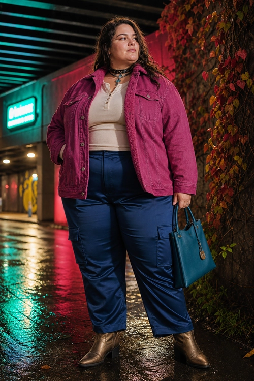 Magenta Jacket and Navy Cargo Pants A casual outfit featuring a magenta jacket over a cream top, navy cargo pants, brown ankle boots, and a teal handbag.
