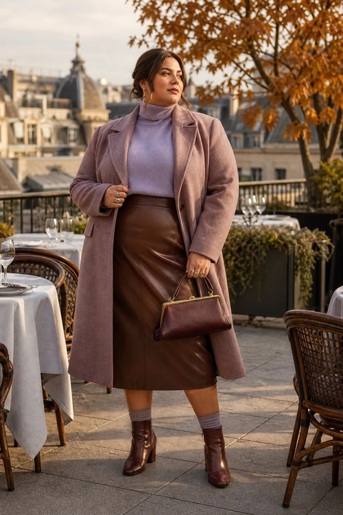 Mauve Coat with Leather Skirt A woman wears a mauve long coat over a lavender turtleneck with a brown leather midi skirt, burgundy ankle boots, and a structured handbag.