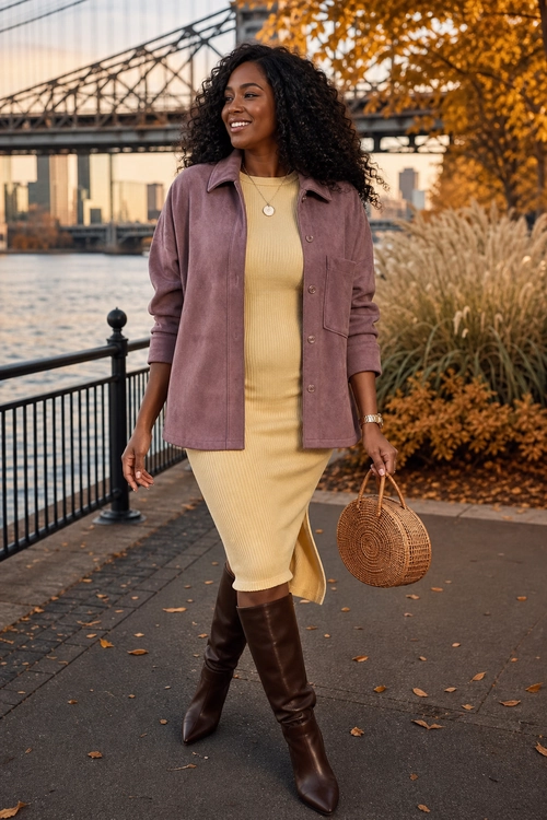 A woman wears a mauve button-front jacket over a mustard ribbed midi dress with brown knee-high boots and a round woven handbag.