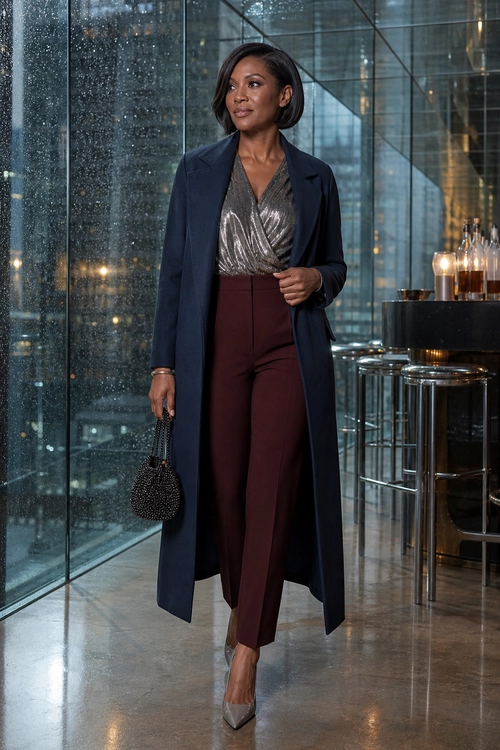 Metallic Blouse and Tailored Coat A woman wears a long navy coat over a metallic silver wrap blouse with burgundy trousers, pointed heels, and a small black handbag.