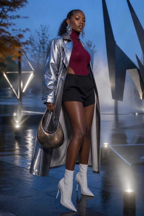 Metallic Trench Coat Outfit A fashion look featuring a metallic silver trench coat, burgundy fitted top, black shorts, white pointed ankle boots, statement earrings, and a shoulder bag.