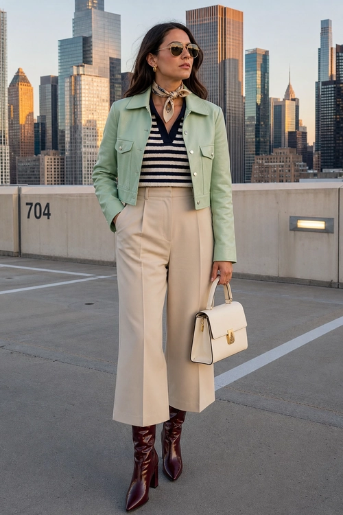 Mint Jacket and Striped Sweater Outfit A woman wears a mint green jacket over a striped sweater with cream cropped trousers, burgundy boots, sunglasses, and a structured handbag.