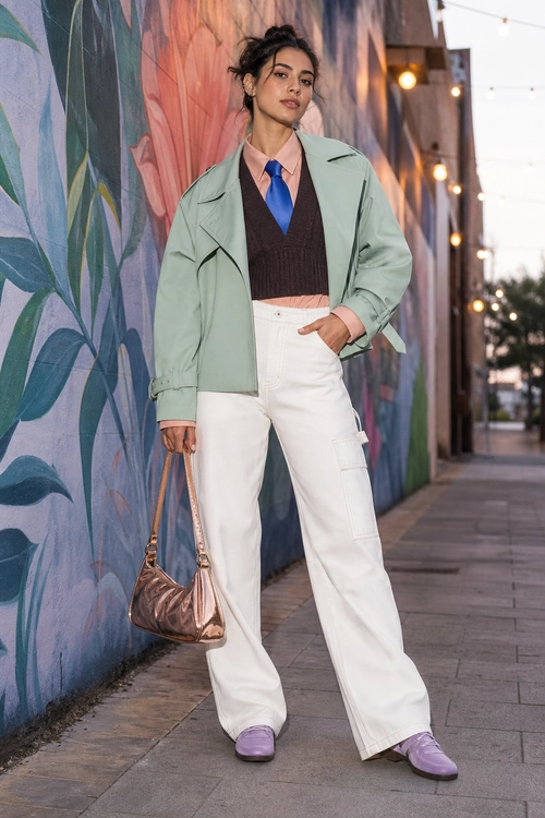 Mint Jacket and White Cargo Pants Outfit A fashion outfit featuring a mint green jacket, brown sweater vest, pink shirt, blue tie, white cargo pants, lavender shoes, and a brown quilted handbag.