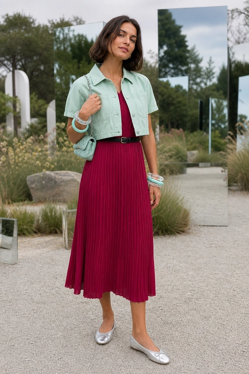 Mint Shirt and Burgundy Pleated Dress A woman wears a mint short-sleeve cropped shirt over a burgundy pleated midi dress with a black belt, mint shoulder bag, bracelets, and silver flats.