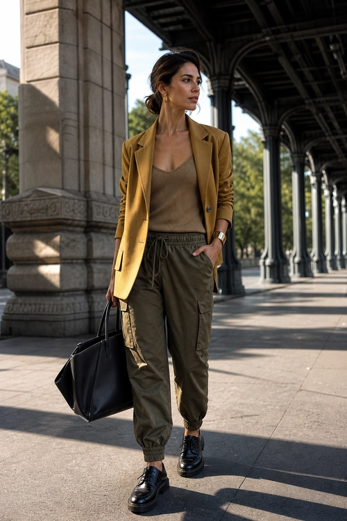 Mustard Blazer with Olive Joggers A woman wears a mustard blazer over a brown ribbed top with olive jogger pants, black loafers, and a large black tote.