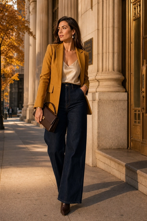 Mustard Blazer with Wide-Leg Jeans A woman wears a mustard blazer over a cream satin camisole with dark wide-leg jeans, brown ankle boots, and a structured brown handbag.