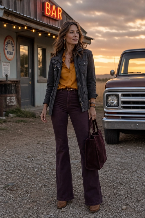 A woman wears a charcoal jacket over a mustard blouse with burgundy flared pants, brown boots, a brown belt, and a burgundy tote bag.