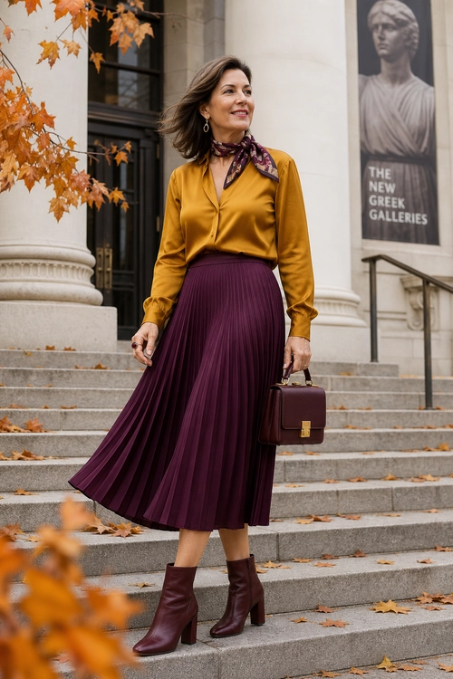 A woman wears a mustard long-sleeve blouse with a burgundy pleated midi skirt, neck scarf, ankle boots, and a structured handbag.