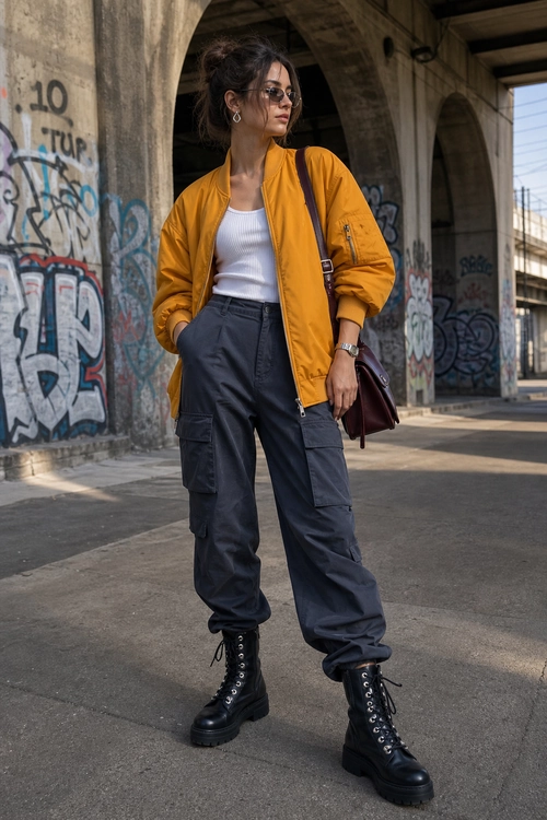 Mustard Bomber and Cargo Pants Outfit A woman wears a mustard bomber jacket over a white ribbed tank top with dark cargo pants, black lace-up boots, sunglasses, and a burgundy shoulder bag.