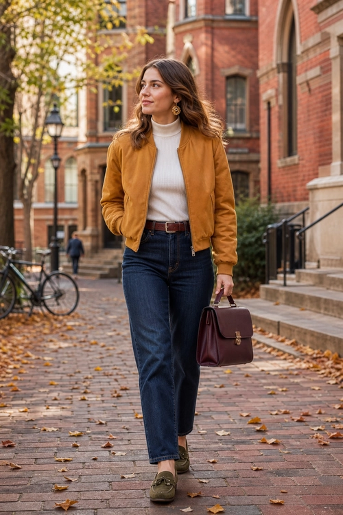 A woman wears a mustard bomber jacket over a white turtleneck with dark jeans, olive loafers, and a burgundy handbag.