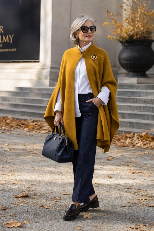 Mustard Cape Outfit A woman wears a mustard cape over a white button-down shirt with dark trousers, black loafers, sunglasses, a brooch, and a black handbag.