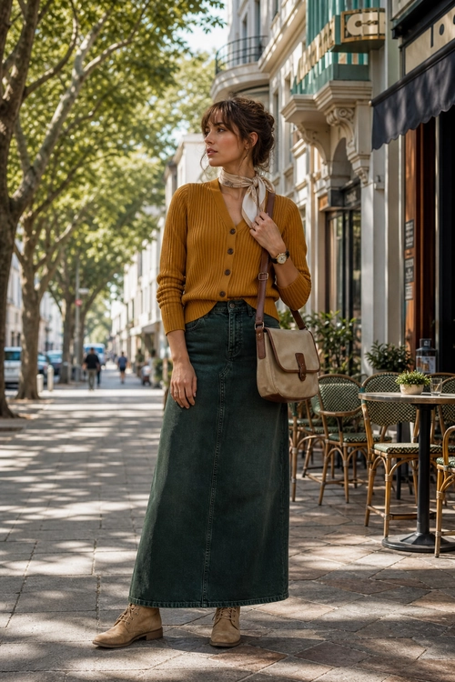 Mustard Cardigan and Denim Maxi Skirt Outfit A woman wears a mustard button-front cardigan, cream neck scarf, dark green denim maxi skirt, tan ankle boots, and a tan shoulder bag on a tree-lined city street.